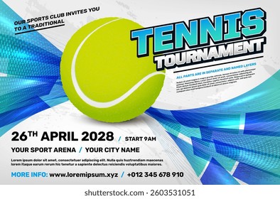 Tennis tournament poster template with ball, dynamic shapes and copy space for text. Vector illustration.