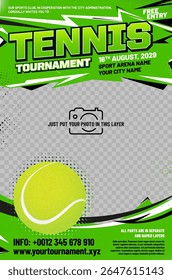 Tennis tournament poster template with ball, grungy and halftone elements and place for your photo - vector illustration