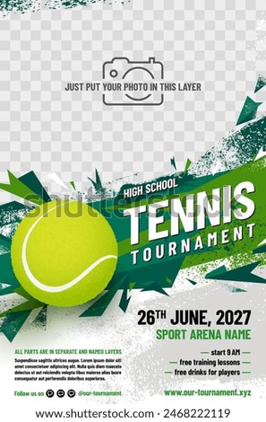 Tennis tournament poster template with ball and place for your photo - vector illustration