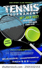 Tennis tournament poster template with green ball, racket and sample text in separate layer. Vector illustration.