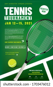 Tennis tournament poster template with racket, ball and sample text in separate layer - vector illustration