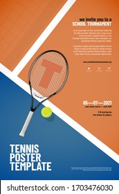 Tennis tournament poster template with racket, ball, playground, net shadow and sample text in separate layer - vector illustration