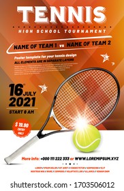Tennis tournament poster template with racket, ball and sample text in separate layer - vector illustration