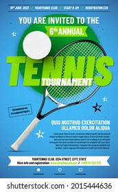 Tennis tournament poster template with racket, ball and sample text in separate layer - vector illustration