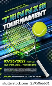 Tennis tournament poster template with racket and ball - sample text in separate layer. Vector illustration.