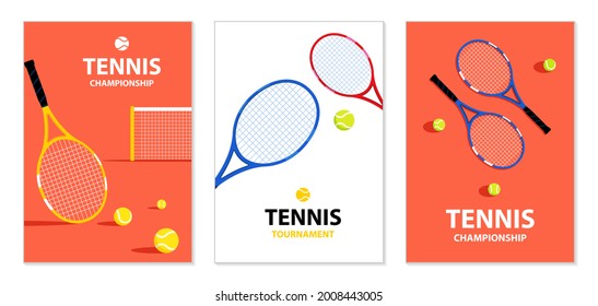 Tennis tournament posters. Tennis rackets and ball. Sports equipment. Illustration for sports competition, lawn tennis championship. Modern illustration for poster, card, cover.