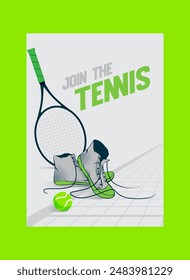 torneo de tenis, raqueta de tenis, pelota, cancha, zapatillas de deporte en la cancha, artículos para jugar al tenis, Imagen de Vector en colores gris-verde. póster, Anuncio, volante, insignia