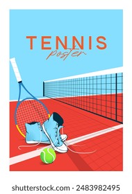 torneo de tenis, raqueta de tenis, pelota, pista de tenis, zapatillas en la pista, artículos para jugar al tenis, Imagen de Vector en colores azul y rojo. póster, Anuncio, flyer, insignia