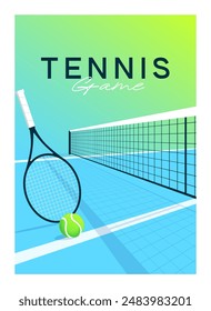 torneo de tenis, raqueta, pelota de tenis, pista de tenis, artículos para jugar al tenis, Imagen de Vector en colores azul y verde. póster, Anuncio, volante, insignia