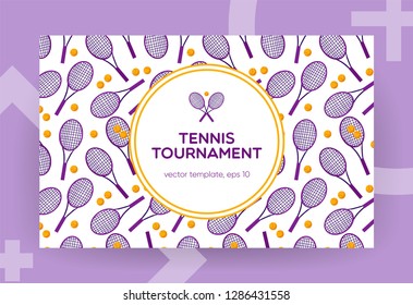 Tennis tournament template with pattern on background, flat style vector illustration. Banner, site, poster template with copy text space. Sport concept.