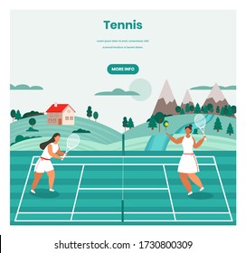 Tennis tournament, training, vector web banner template. Two girls playing tennis game on court, retro flat style design illustration. Racket sport concept.
