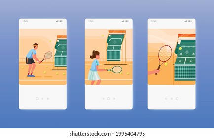 Tennis training. Players with rackets on court. Mobile app screens, vector website banner template. UI, web site design.