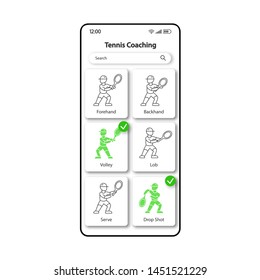 Tennis training tool smartphone interface vector template. Mobile app page color design layout. Player practicing ball hitting screen. Linear UI for application. Game coaching phone display