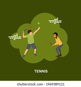 Tennis with two players girl and boy playing outdoor flat concept design