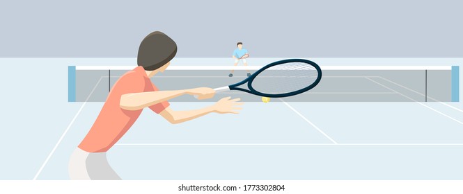 Tennis, two tennis players playing, flat design vector illustration