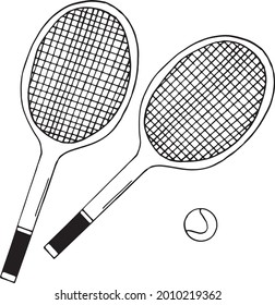 Tennis zwei Schläger und Ball Set. handgezeichnetes Doodle-Symbol. Vektorgrafik, skandinavisch, nordisch, Minimalismus, einfarbig. Sportausrüstung
