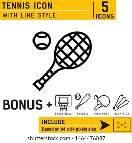 Tennis vector icon. Tennis icon with line style isolated on white background. Vector icon for web design. Easy to change or size. Icon neatly designed on pixel perfect 64X64 size grid. Get bonus