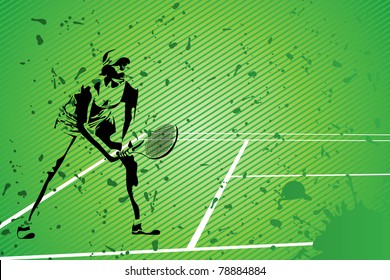 tennis vector illustration (silhouette of a girl on green background)