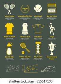 Tennis. Vector logo of icons. Sports objects. Simple elements and symbols for your design on black background.