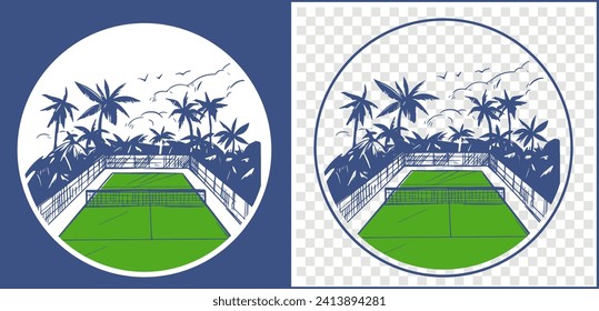 Tennis vector monochrome illustration, game court, hand drawn sketch, good for print for t-shirt, poster, background for design