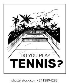 Tennis vector monochrome illustration, game court, hand drawn sketch, good for print for t-shirt, poster, background for design