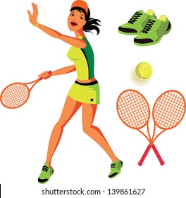 Tennis vector set: young girl playing tennis, tennis shoes and two rackets and a ball