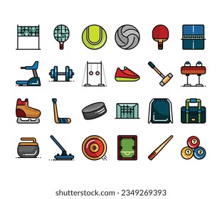 Tennis, Volleyball, Ping pong, Polo, Hockey, Curling, Billiards pool, Sports Equipment Icons Set