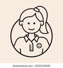 Tennis woman player avatar inside a circle with hair tail, wide hair tie, logo tennis ball, and cool polo shirt with collar vector outline icon