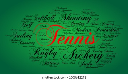 Tennis. Word Cloud , Elegant Cursive Font, Green Gradient Background. Summer Sports.