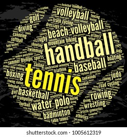 Tennis. Word cloud in the form of a ball, grunge background. Summer sports.