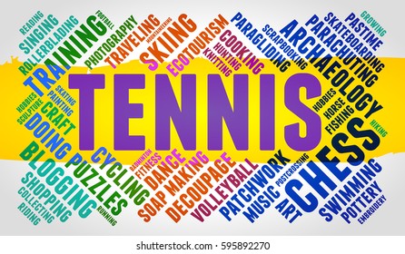 Tennis. Word cloud, multicolor font, yellow stripe, grey gradient background. Hobby.