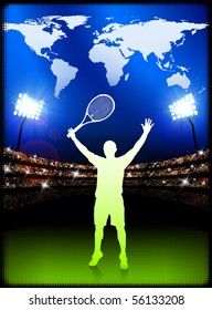 Tennis with World Map on Stadium Background Original Illustration