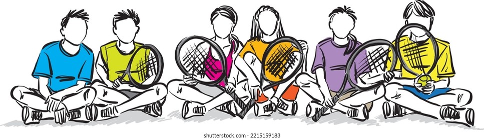 tennis young junior team children with tennis rackets sports summer camp vacations vector illustration