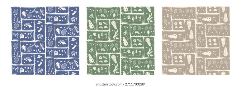 Patrones sin fisuras con temática de tenis para raquetas de rejilla bento, pelotas y arcos. Impresiones de coquetas deportivas de remiendo monocromo retro con fondos de diseño repetitivos continuos. Vector tenis verde, azul, beige bg.