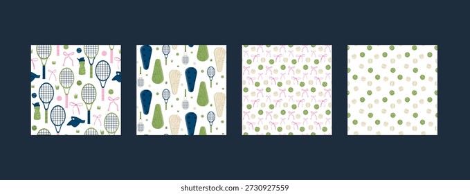 Patrones de tenis sin costuras con raquetas, pelotas y Elementos de arcos. Impresiones de coquetas deportivas retro con diseño de repetición continua para fondos y proyectos decorativos. Vector tenis bg.