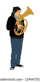 Tenor horn player vector illustration. Music man play wind instrument. Music artist. Jazz man saxhorn. Bugler street performer. Musician play trumpet. Entertainment for public. Classic music event.