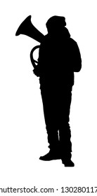 Tenor horn player vector silhouette. Music man play wind instrument. Music artist. Jazz man saxhorn. Bugler street performer. Musician trumpet. Boy entertainment for public. Classic music event.