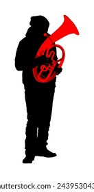 Tenor horn player vector silhouette. Music man play wind instrument. Music artist. Jazz man saxhorn. Bugler street performer. Musician trumpet. Boy entertainment for public. Classic music event.