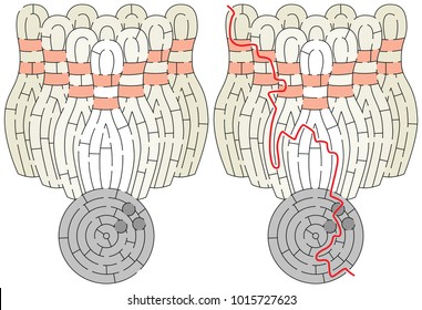 Ten-pin bowling maze for kids with a solution