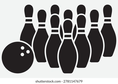 Tenpin bowling setup with ball and pins black silhouette vector illustration isolated design Dynamic bowling strike scene with ball and pins falling sports activity vector illustration