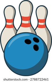 Tenpin bowling setup, blue sphere equipment, strike target pins, leisure activity.