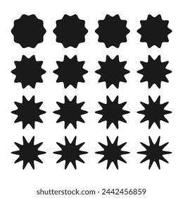 Ten-point wavy edge star shapes. A set of black symbols with jagged edges isolated on a white background.