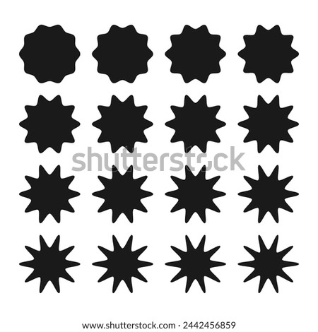 Ten-point wavy edge star shapes. A set of black symbols with jagged edges isolated on a white background.