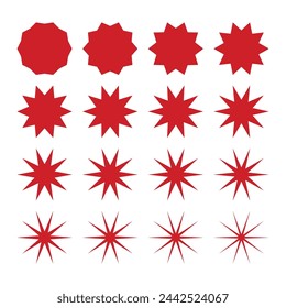 Ten-point zigzag edge red stars. A set of symbols with jagged edges isolated on a white background.