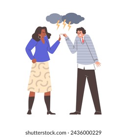 Tense confrontation with stormy cloud overhead, vector illustration of a man and woman in a heated argument, showcasing dynamic body language.