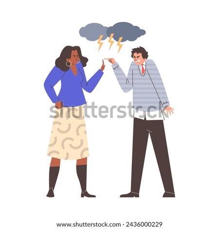 Tense confrontation with stormy cloud overhead, vector illustration of a man and woman in a heated argument, showcasing dynamic body language.