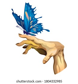 Tense curved arm with a big blue butterfly sitting on finger. Cartoon vector illustration isolated. Sticker, symbol, icon for your design. White background