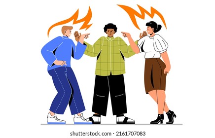 Tense environment in office. Man separates conflict or dispute between two colleagues. Bad atmosphere in team, scandals. Angry and aggressive people scream loud. Cartoon flat vector illustration