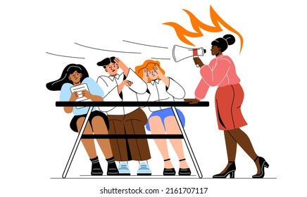 Tense Environment In Office. Teacher Yells At Students Through Loudspeaker. Bad Day, Emotions And Aggression. Frightened Children In Classroom, Scandal And Conflict. Cartoon Flat Vector Illustration