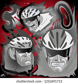 Tense faces cyclists athletes during the competition, the concept of great effort in cycling